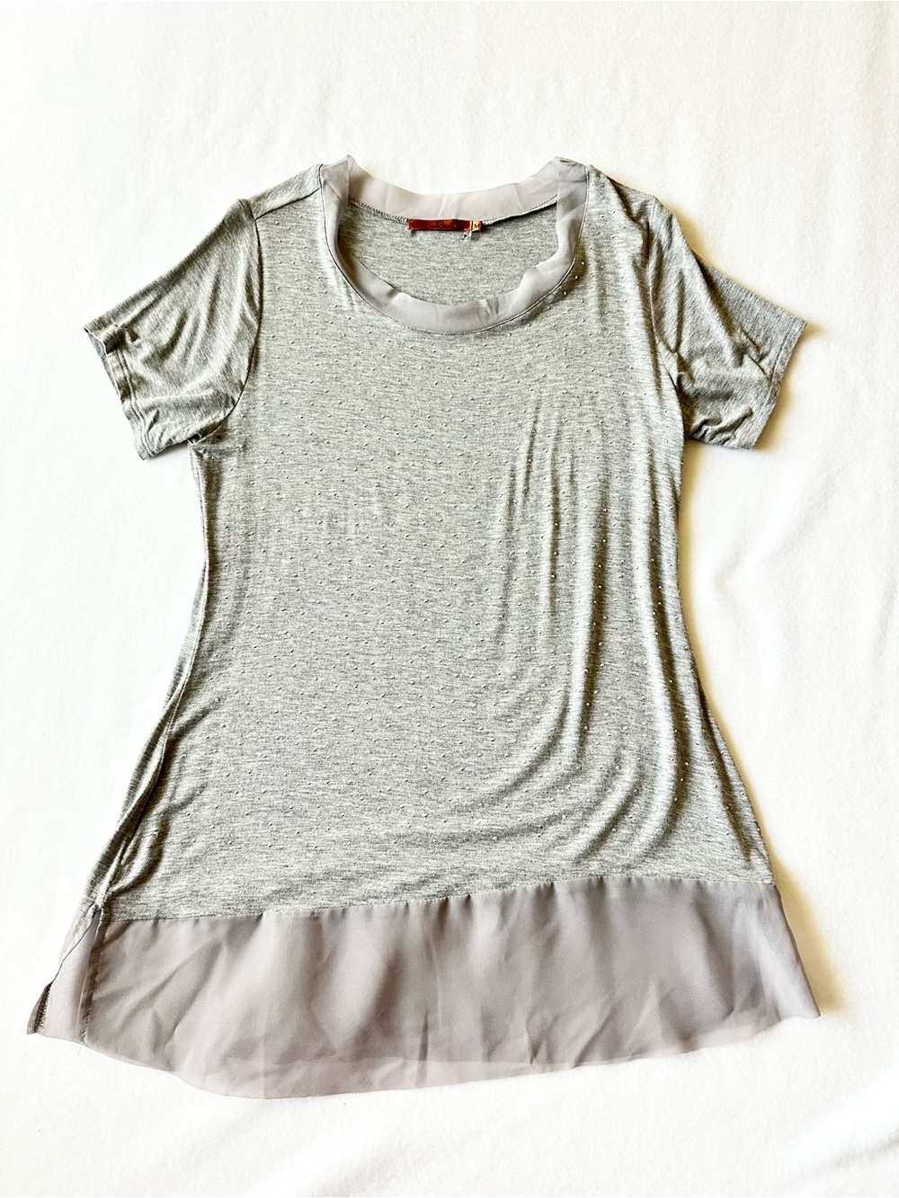 Belldini Women Gray Top Medium Sparkle Sheer Gauze Hem Short Sleeve
